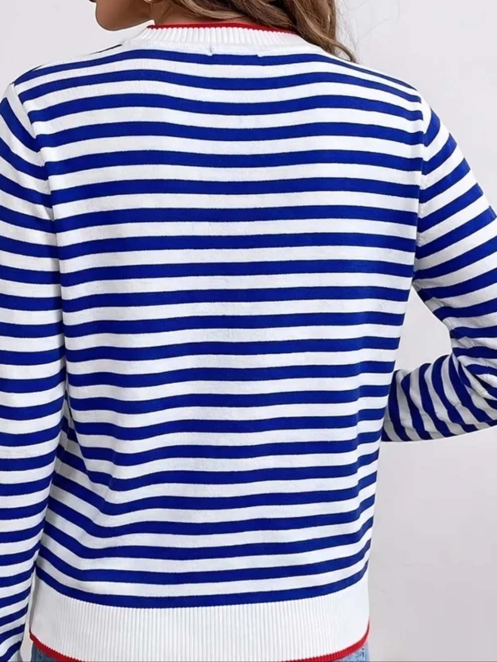 Blue and White Striped Crewneck Sweater with Red Trim - Picture 4 of 5